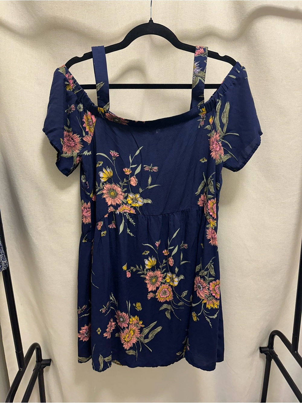Old Navy Navy Floral Off-Shoulder Dress with Pink and Yellow Accents